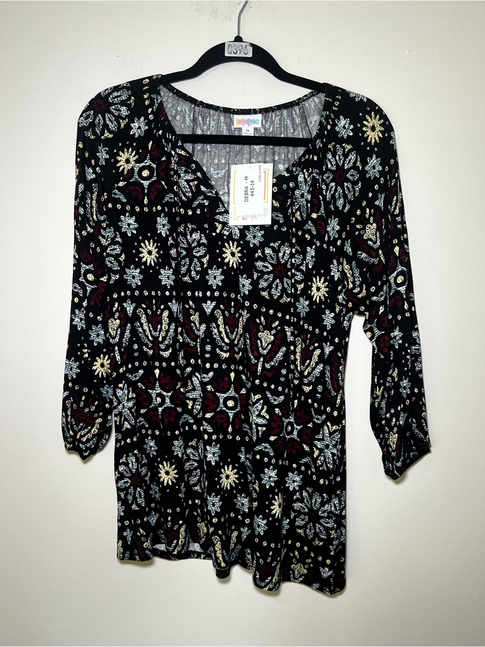 LuLaRoe Debra Black Floral-Geo V-Neck Peasant Top